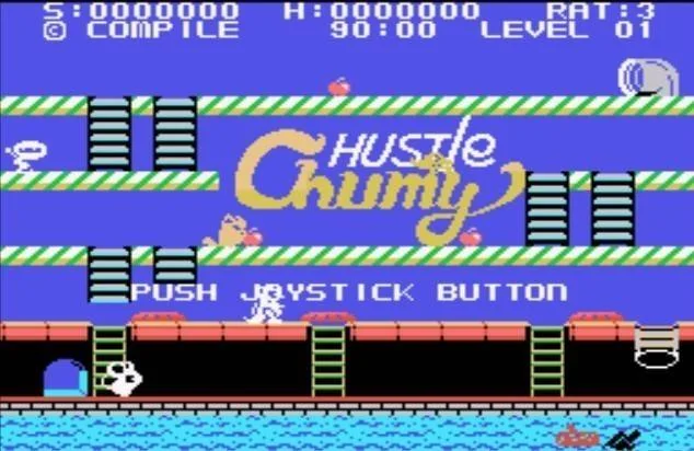 Pantalla de presentació de Hustle Chumy per a SG-1000, amb el logotip i la instrucció PUSH JOYSTICK BUTTON.
