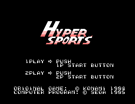 Pantalla de títol de Hyper Sports amb les opcions per a un o dos jugadors i els crèdits de Konami i Sega.