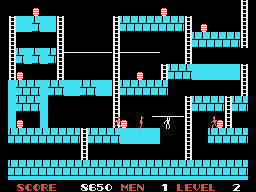 Segon nivell de Lode Runner, dividit en cambres de maó blau connectades per escales i barres.