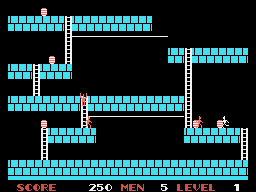 Primer nivell de Lode Runner, amb el corredor, cofres, guàrdies, escales, barres i plataformes de maons blaus.