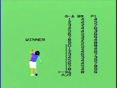 Pantalla final amb la golfista guanyadora i les puntuacions dels divuit forats.