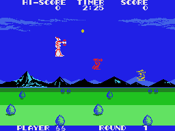 Orguss en forma Orgroid volant sobre muntanyes mentre dispara contra enemics aeris.