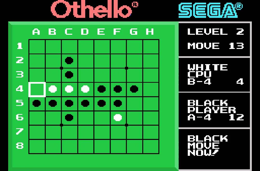 Posició d'una partida d'Othello al moviment tretze, amb el cursor a A4, el tauler, el torn i els recomptes visibles.