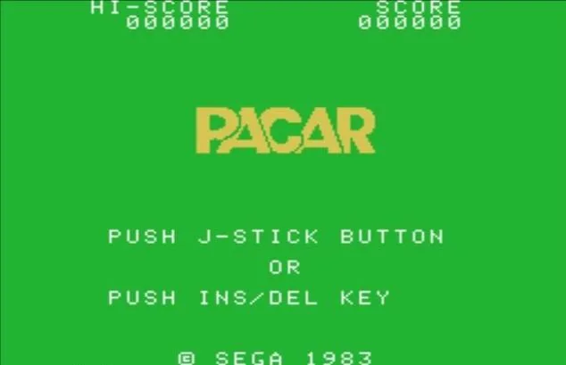 Pantalla de títol verda de Pacar amb les indicacions JOYSTICK i INS/DEL per començar.