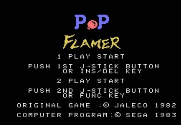 Pantalla de títol de Pop Flamer amb opcions per a un o dos jugadors i els noms de Jaleco i Sega.