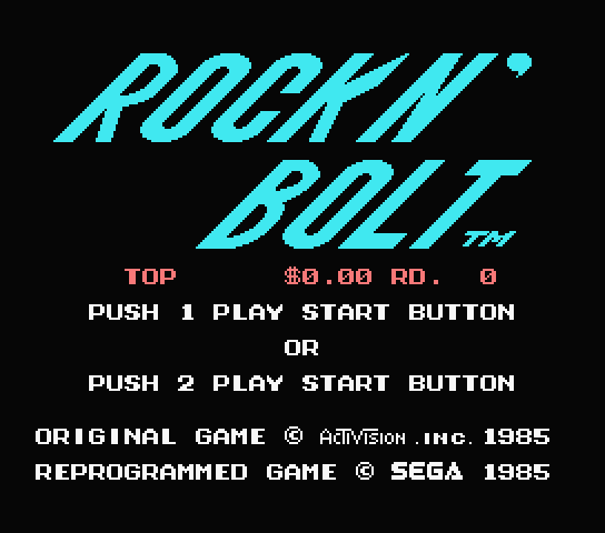 Pantalla inicial de Rock n' Bolt amb opcions d’un o dos jugadors i crèdits de 1985.