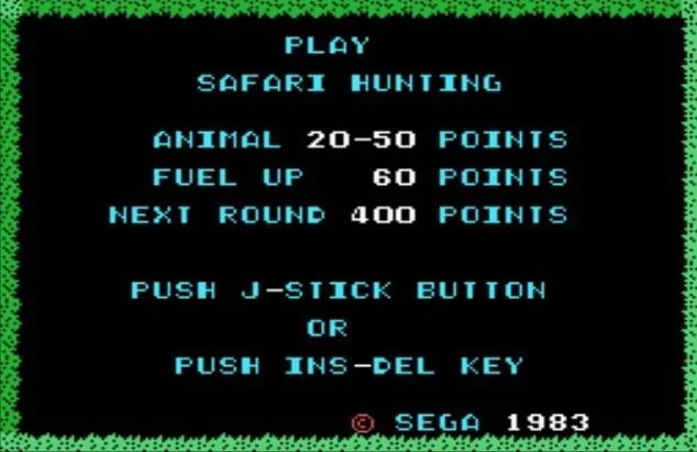 Pantalla d’instruccions de Safari Hunting amb puntuacions, ordre d’inici i copyright de 1983.