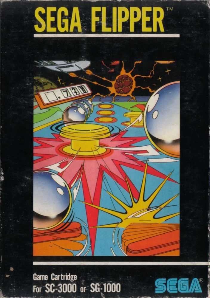 Portada francesa de la capsa de Sega Flipper per a SG-1000, amb boles, para-xocs i pales il·lustrats.