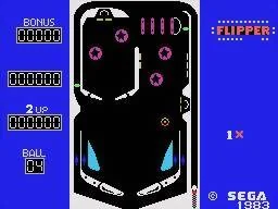 Tauler complet de Sega Flipper durant una partida, amb marcador, bonificació, boles i multiplicador visibles.