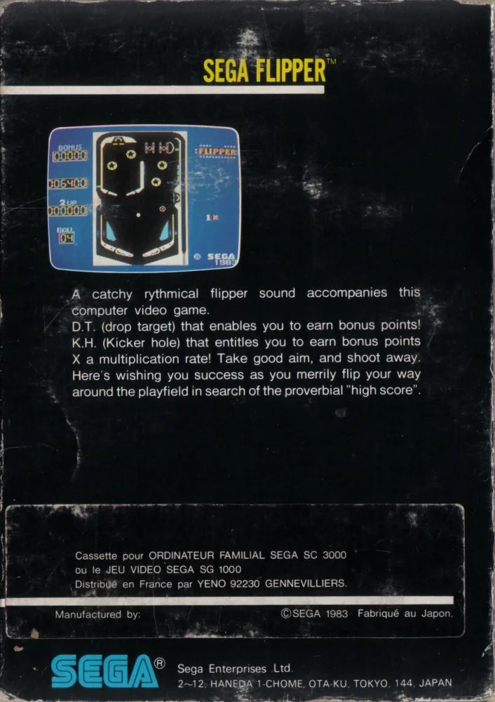 Contraportada francesa de Sega Flipper per a SG-1000, amb una captura del tauler i text en anglès.
