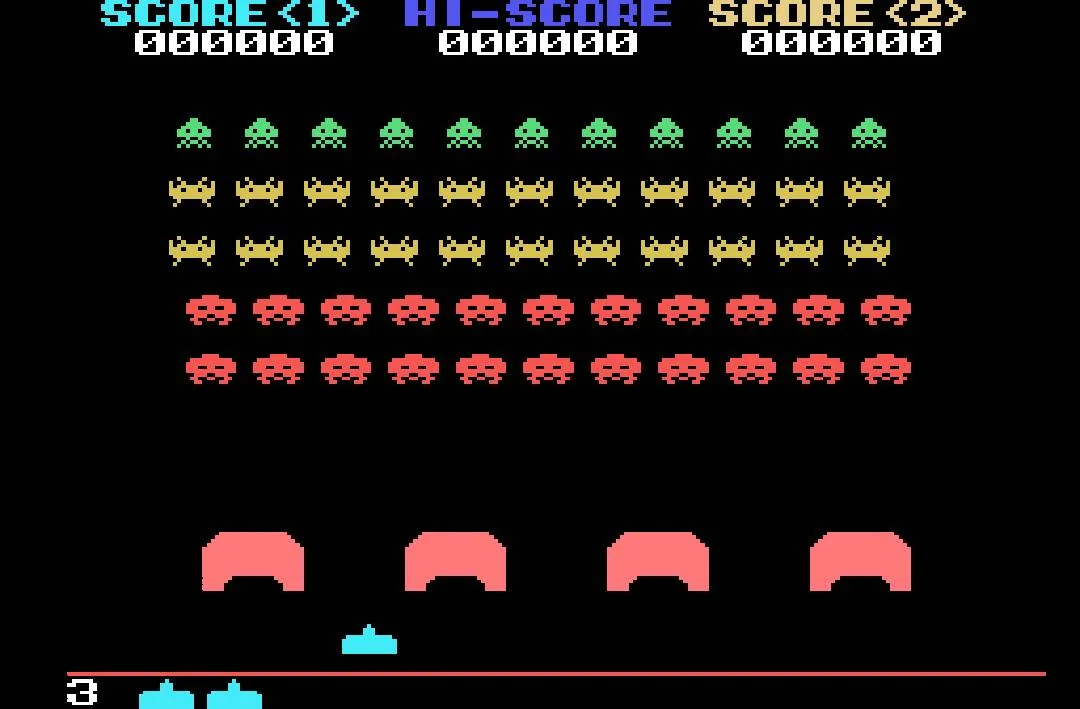 Camp inicial de Space Invaders amb 55 invasors, quatre refugis i el canó centrat a la part inferior.