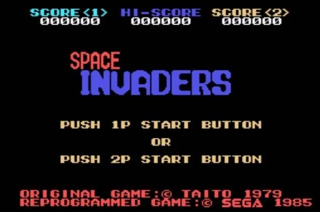 Pantalla inicial de Space Invaders per a SG-1000 amb les opcions d’un o dos jugadors i els crèdits de Taito i Sega.