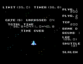 Pantalla final de Space Slalom amb els avisos de portes no travessades i temps exhaurit.