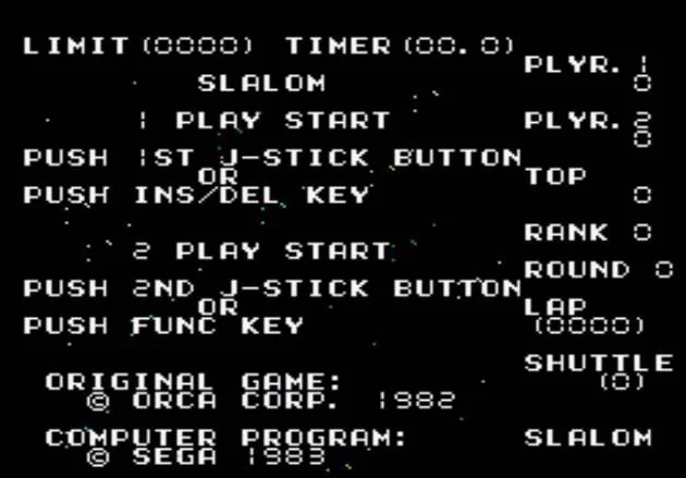 Pantalla inicial de Space Slalom amb les opcions per a una o dues persones i els noms d’ORCA i SEGA.