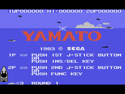 Pantalla de títol i instruccions de Yamato, amb exemples de vaixells, avions, puntuació i comandaments.