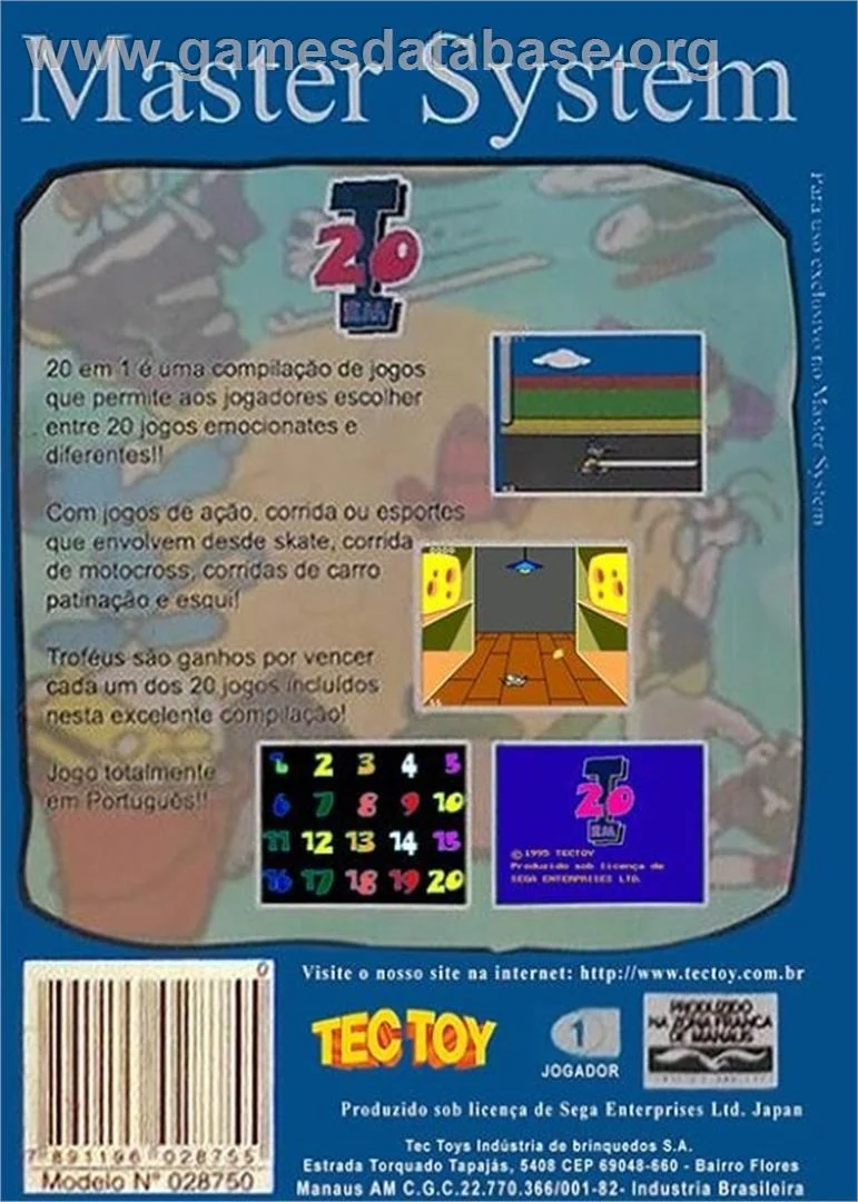 Imatge catalogada com a contraportada brasilera de 20 em 1, amb text portuguès, quatre captures i marques de Master System i TecToy.