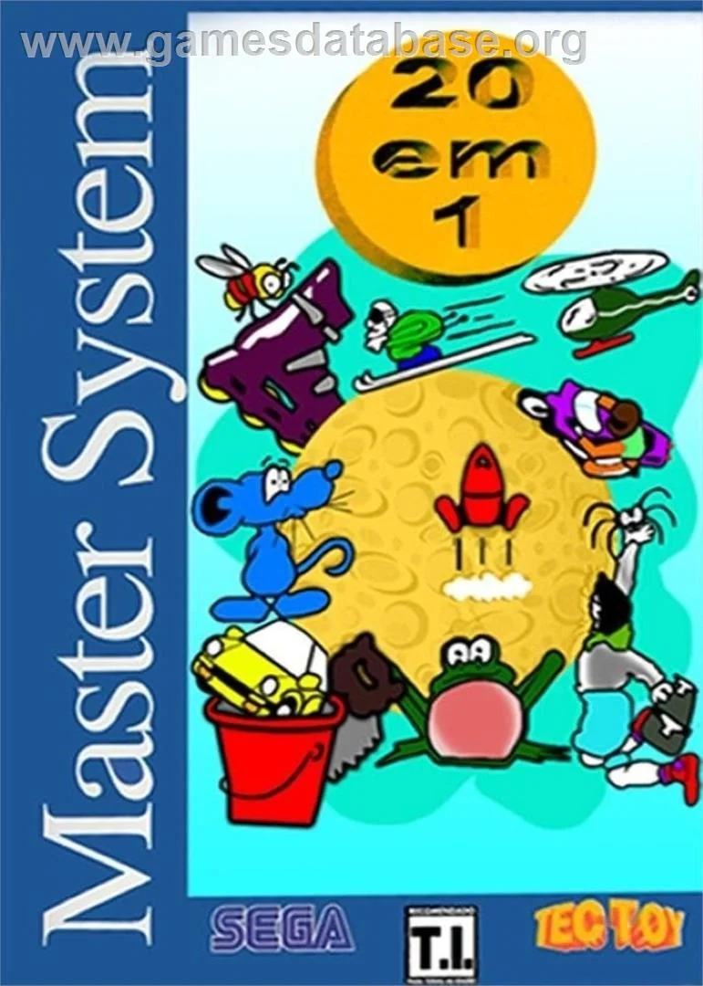 Imatge catalogada com a portada frontal brasilera de 20 em 1, amb el logotip de Master System, diverses escenes de joc i les marques Sega i TecToy.
