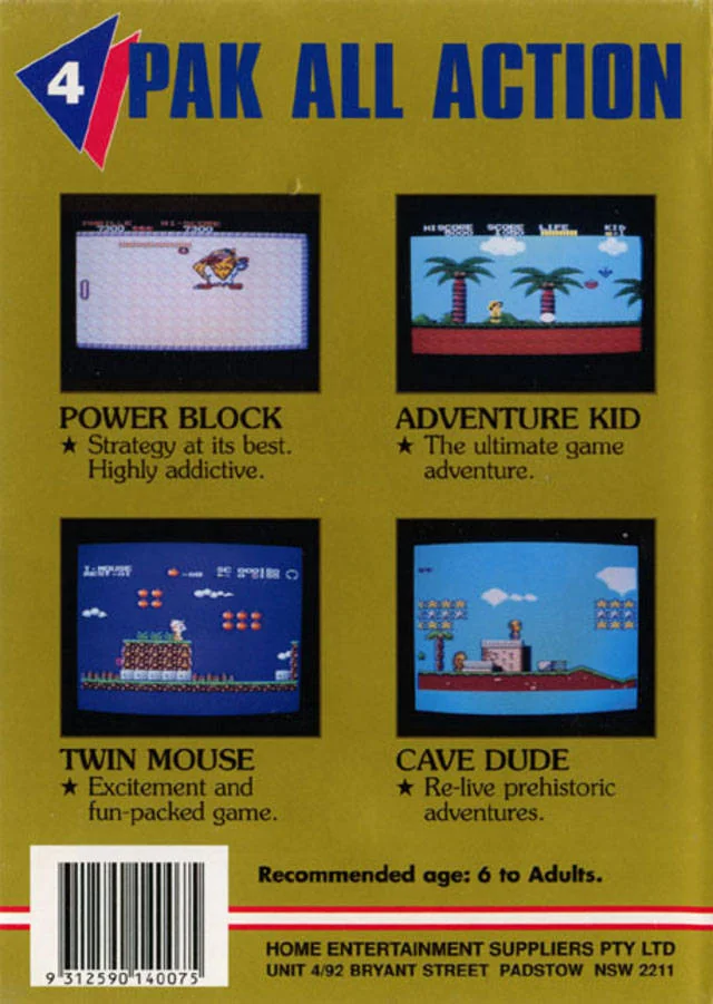 Contraportada australiana de 4 Pak All Action amb captures i descripcions dels quatre jocs.