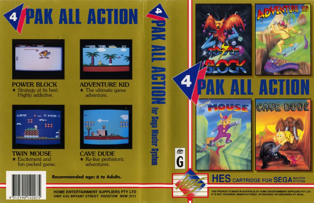 Desplegament de la capsa australiana de 4 Pak All Action amb portada, llom i contraportada.