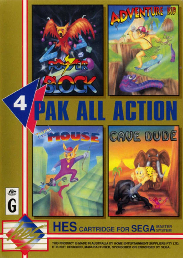 Portada frontal australiana de 4 Pak All Action per a Sega Master System.