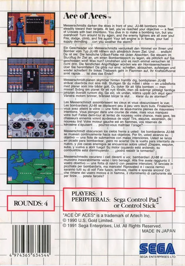 Contracoberta europea d’Ace of Aces per a Sega Master System, amb textos multilingües i quatre captures del joc.