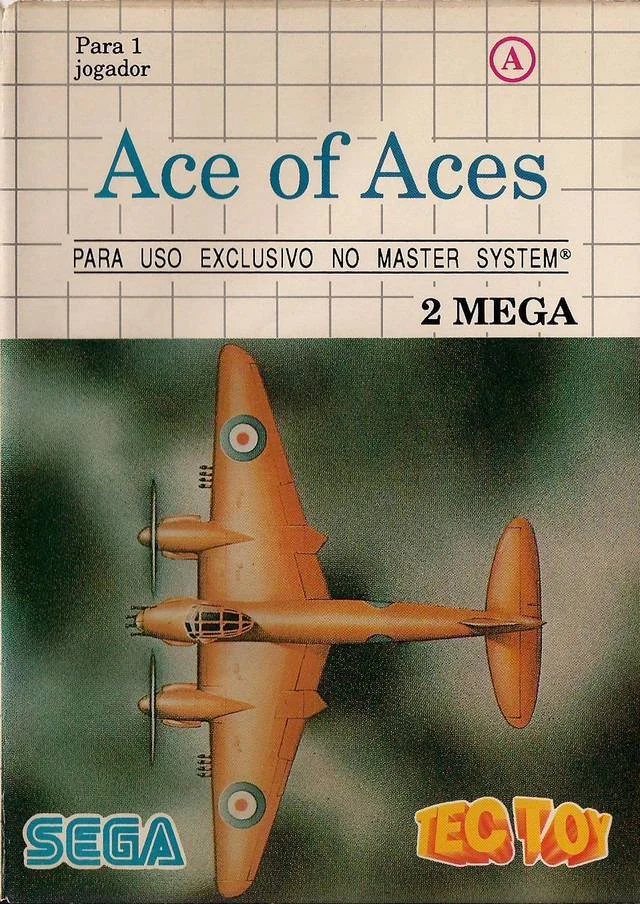 Caràtula frontal brasilera d’Ace of Aces amb un avió taronja, els logotips de Sega i Tec Toy i la indicació 2 MEGA.