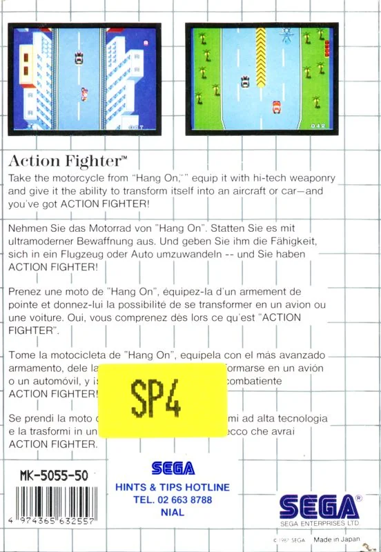 Contraportada europea d’Action Fighter per a Sega Master System, amb dues captures i textos en diversos idiomes.