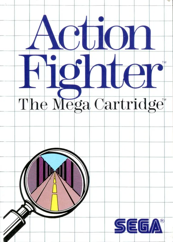 Portada europea d’Action Fighter per a Sega Master System, amb una lupa sobre una carretera entre edificis.