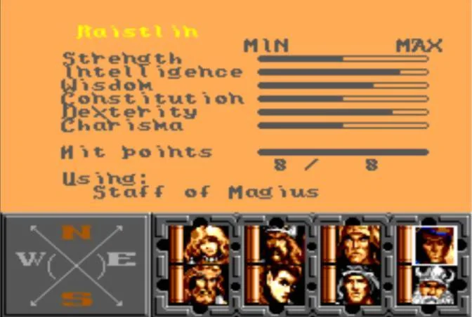 Pantalla d’estat de Raistlin amb atributs, punts de vida, Bastó de Magius i retrats del grup.