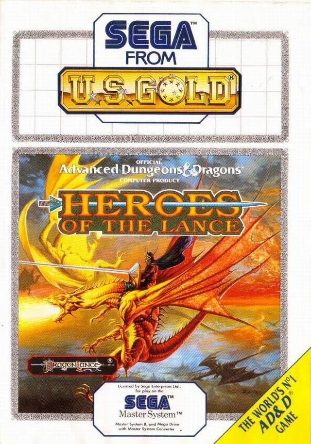 Portada europea de Heroes of the Lance per a Sega Master System, amb un genet armat sobre un drac.