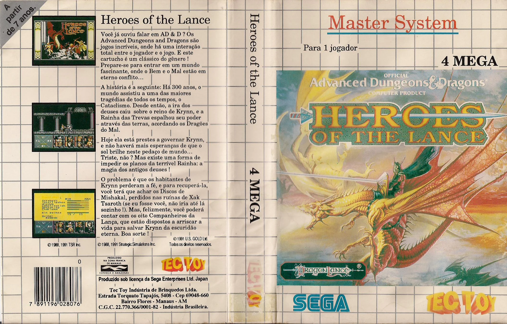Caràtula brasilera desplegada de Heroes of the Lance, amb marca Tec Toy i text en portuguès.