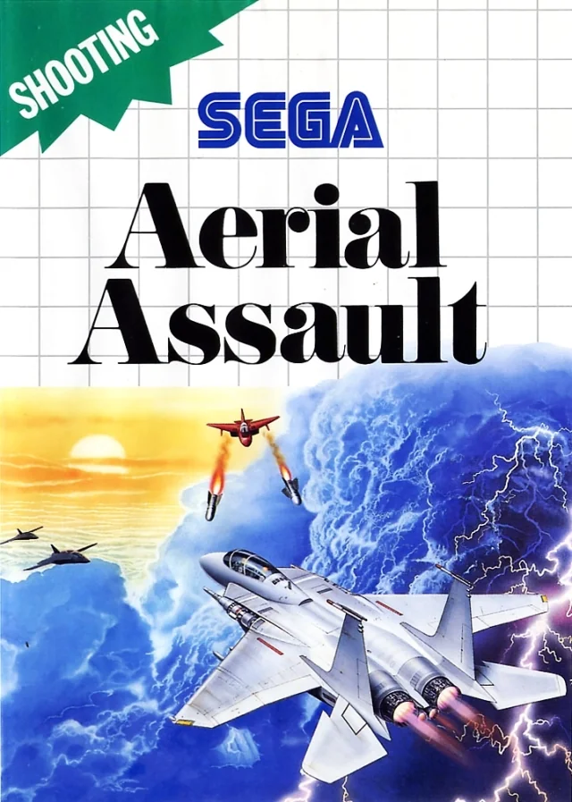 Portada europea d’Aerial Assault per a Sega Master System amb diversos avions entre núvols i llamps.