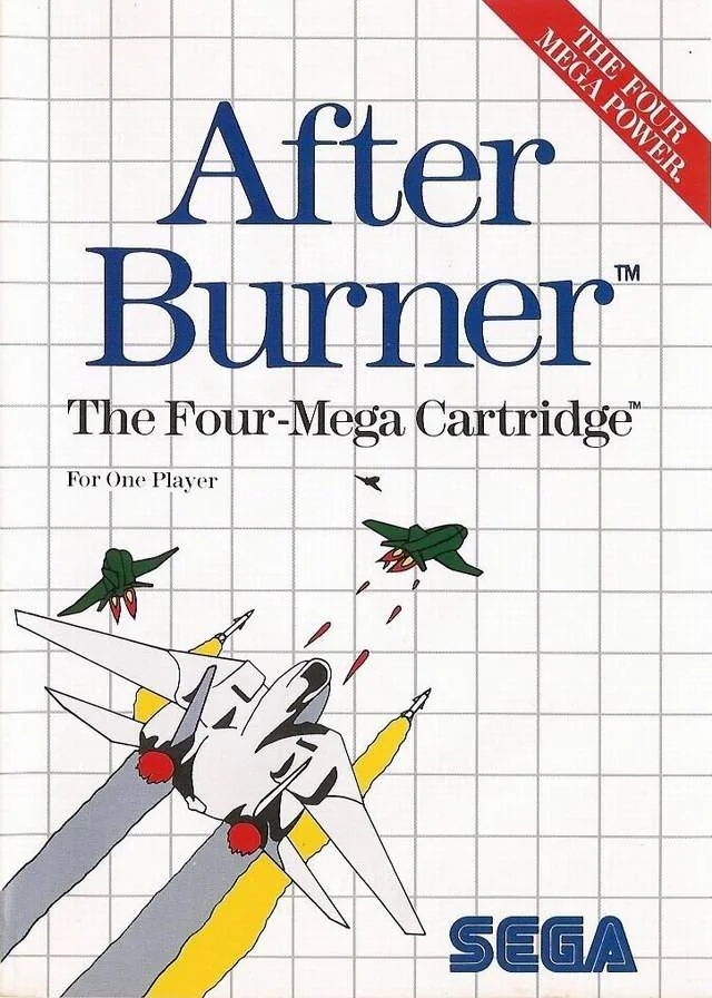Caràtula frontal europea d’After Burner per a Sega Master System, amb un caça blanc perseguit per dos avions verds.