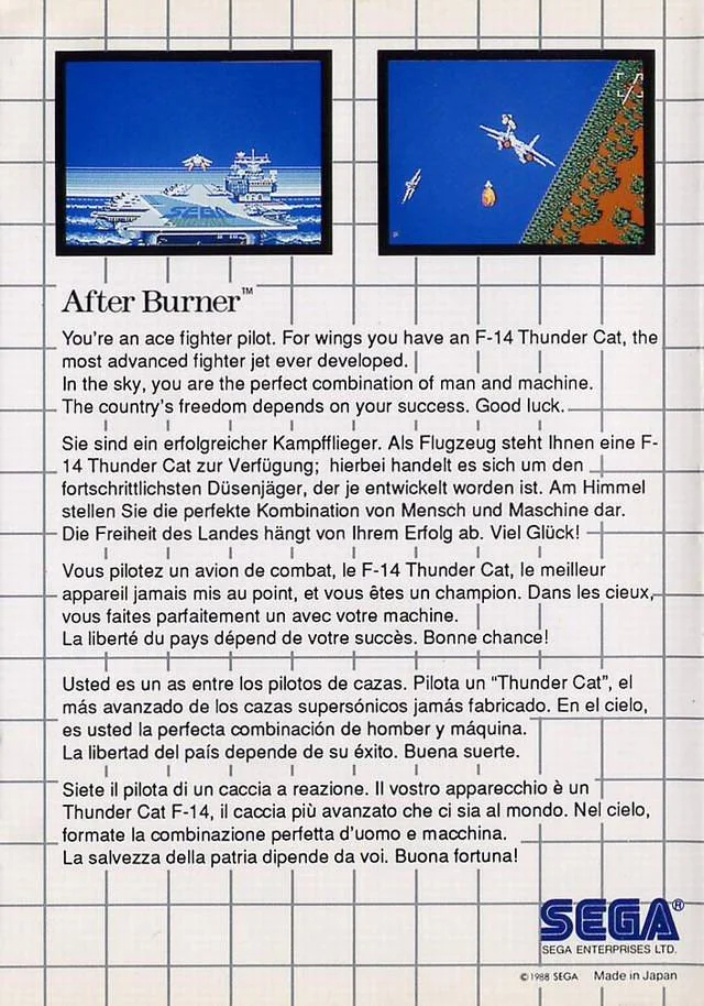 Contracoberta europea d’After Burner per a Sega Master System, amb dues captures i text multilingüe.