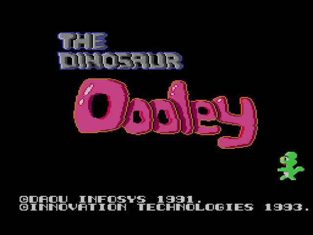 Pantalla de presentació anglesa amb el logotip The Dinosaur Dooley, Dooly a la dreta i avisos de 1991 i 1993.