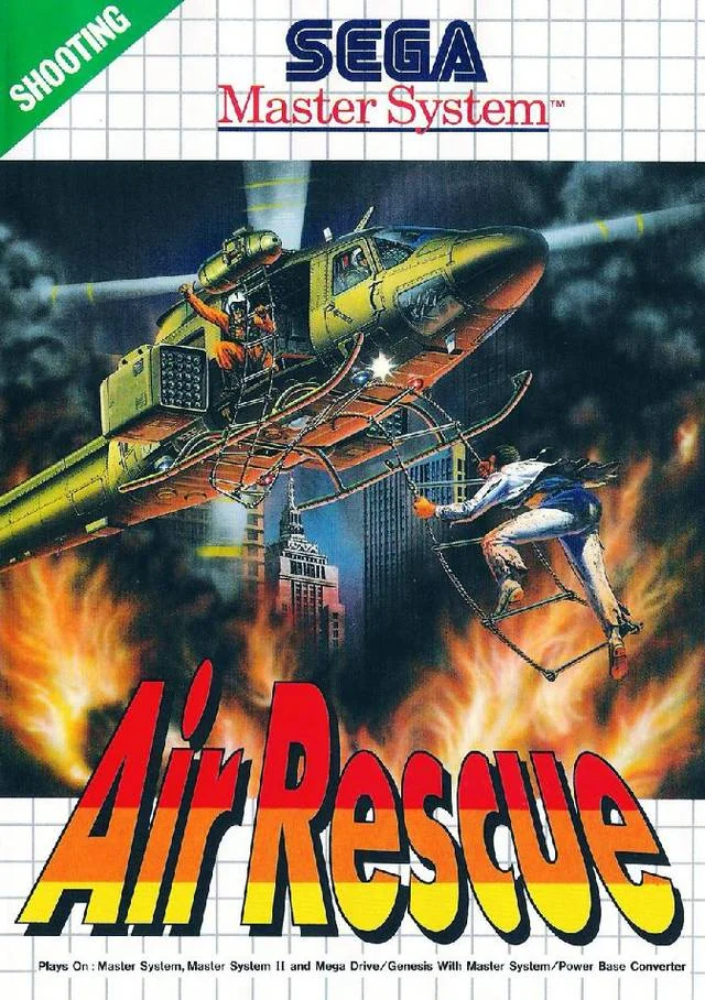 Portada europea d’Air Rescue per a Sega Master System, amb un helicòpter sobre una ciutat en flames.