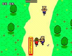 Alex Kidd circula entre dos adversaris al costat d’una plataforma WHEELIE.