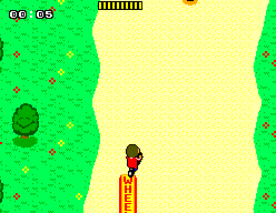 Alex Kidd avança pel bosc mentre el temps i la barra de vitalitat ocupen la part superior de la pantalla.