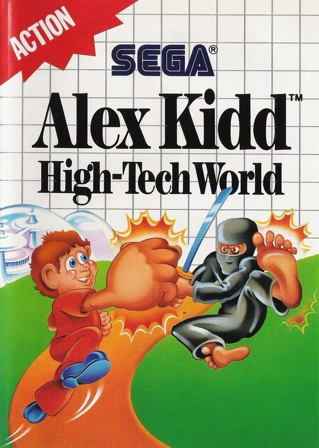 Portada europea d’Alex Kidd: High-Tech World per a Sega Master System, amb Alex enfrontant-se a un ninja.