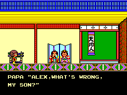 Alex conversa amb dos personatges en una habitació del castell.
