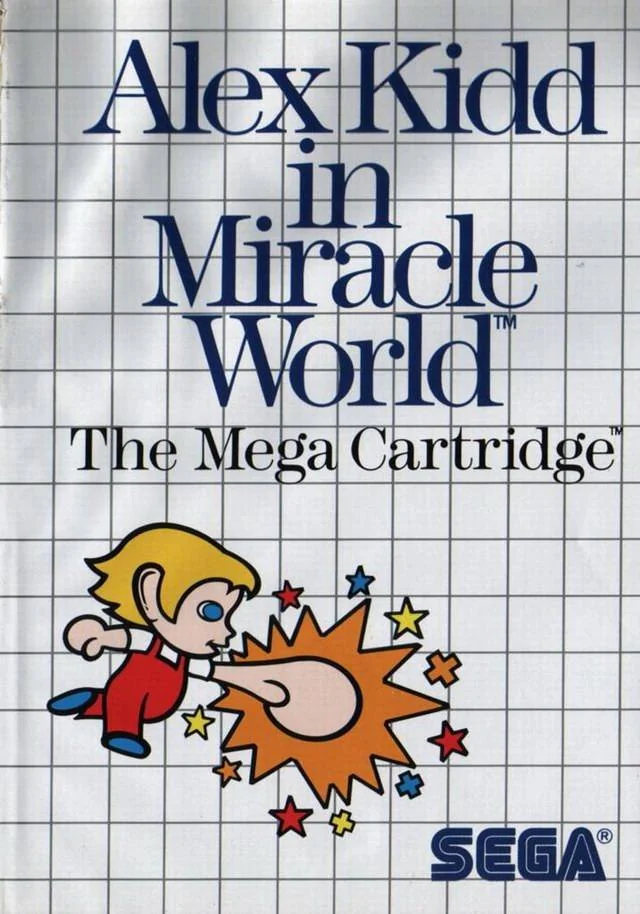 Portada europea d’Alex Kidd in Miracle World per a Sega Master System, amb Alex colpejant un puny gegant.