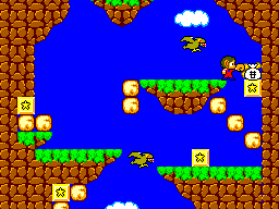 Alex Kidd al costat de blocs destructibles, bosses de diners i enemics voladors.