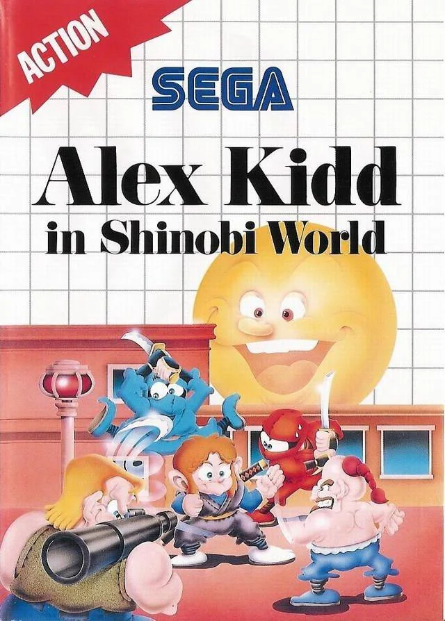 Portada europea d’Alex Kidd in Shinobi World per a Sega Master System, amb Alex envoltat d’adversaris.