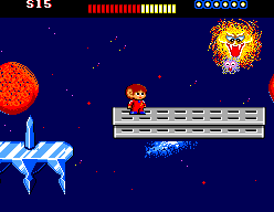Alex Kidd sobre una plataforma espacial davant d’una figura lluminosa al santuari.