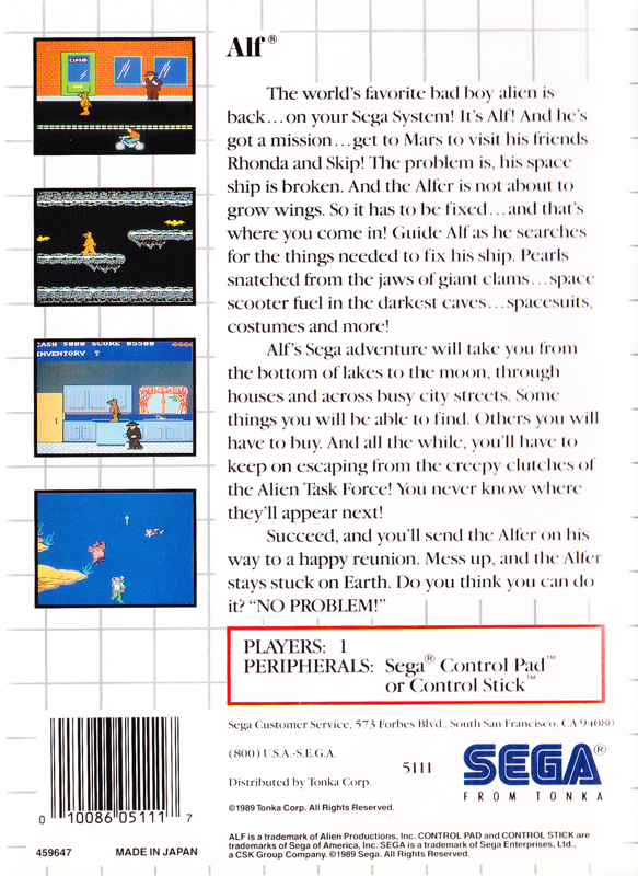 Contraportada nord-americana d’ALF per a Sega Master System, amb text descriptiu, captures de pantalla i logotips comercials.