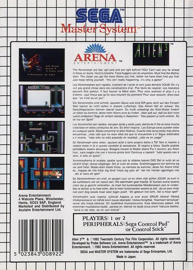 Contraportada europea d'Alien³ per a Sega Master System, amb textos multilingües i quatre captures del joc.