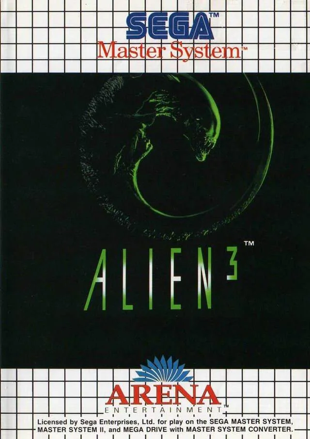 Portada europea d'Alien³ per a Sega Master System, amb un xenomorf verd sobre fons negre.