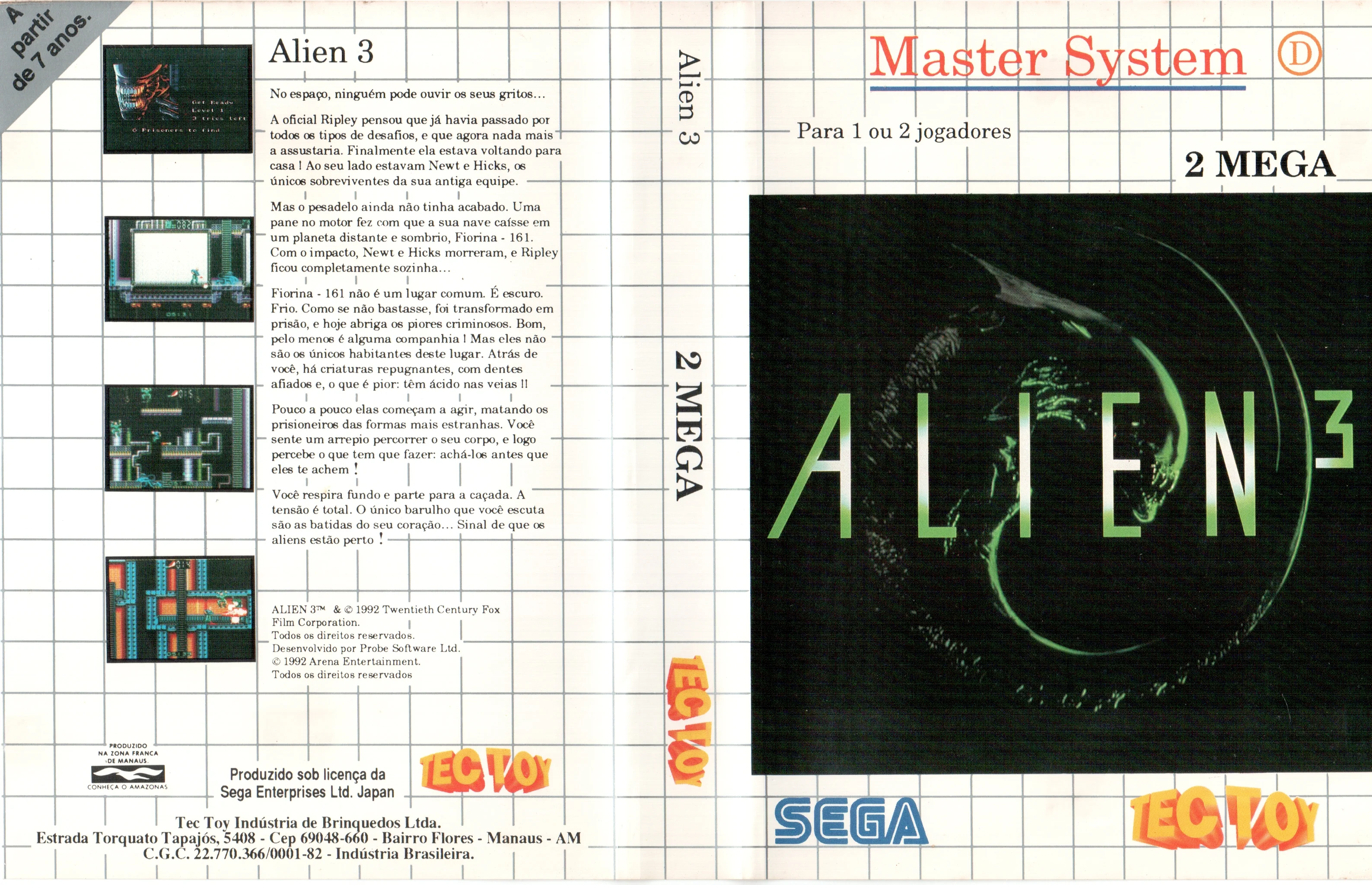 Caràtula brasilera desplegada d'Alien 3, amb textos en portuguès i logotips de Sega i Tec Toy.