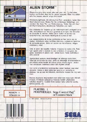 Contraportada europea d’Alien Storm per a Master System, amb quatre captures i text multilingüe.