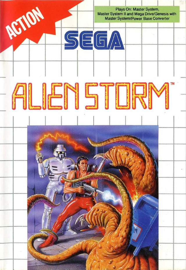 Portada europea d’Alien Storm per a Master System, amb dos herois davant d’una criatura tentacular.